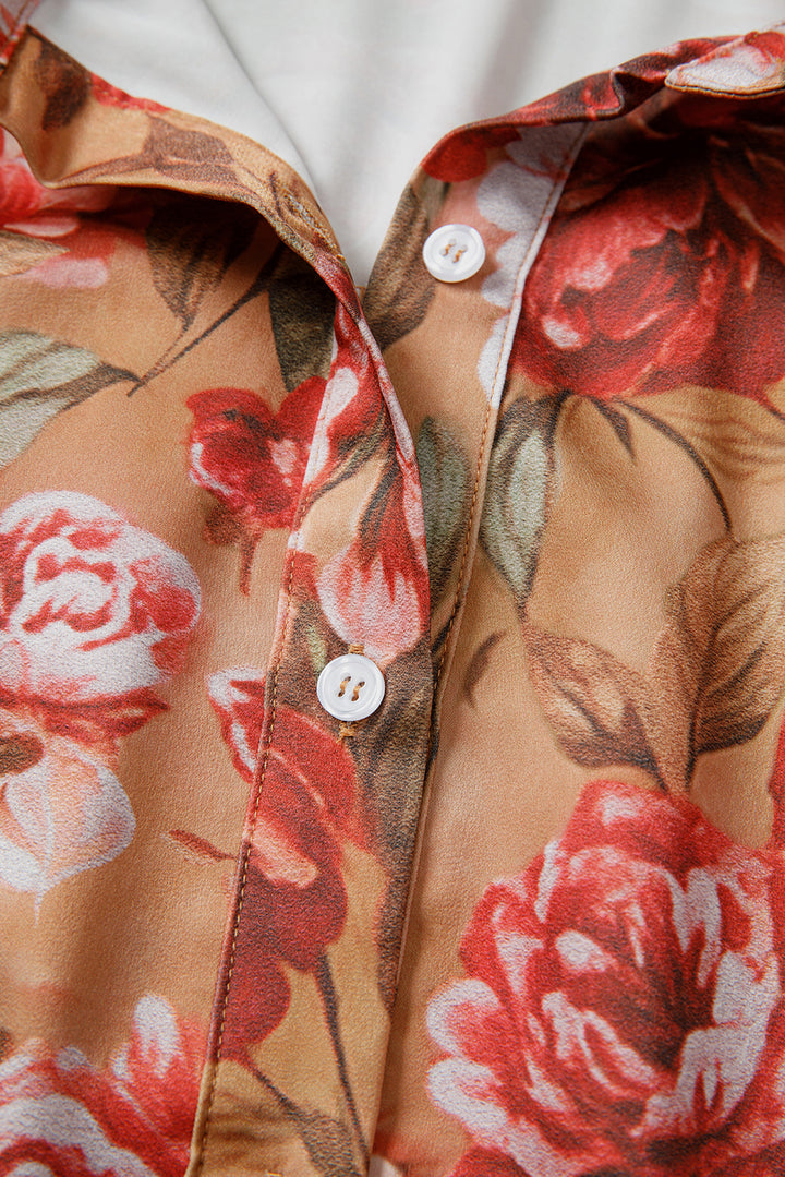 Brown Floral Print Shirt Style Long Sleeve Ruffle Mini Dress