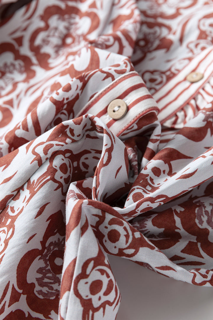 Floral Print Frilled Striped Trim Button Down Smocked Cuffs Long Sleeve Shirt