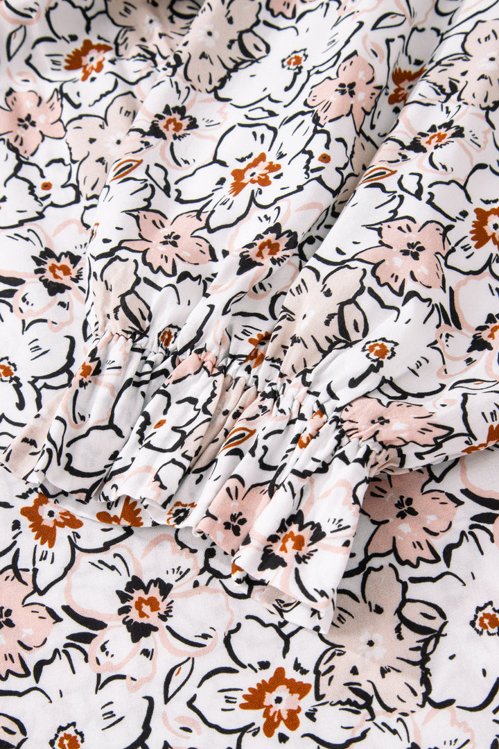 Khaki Bold Floral Print Frilled Puff Sleeve Button Down Shirt - Lulubelles Clothing and Accessories