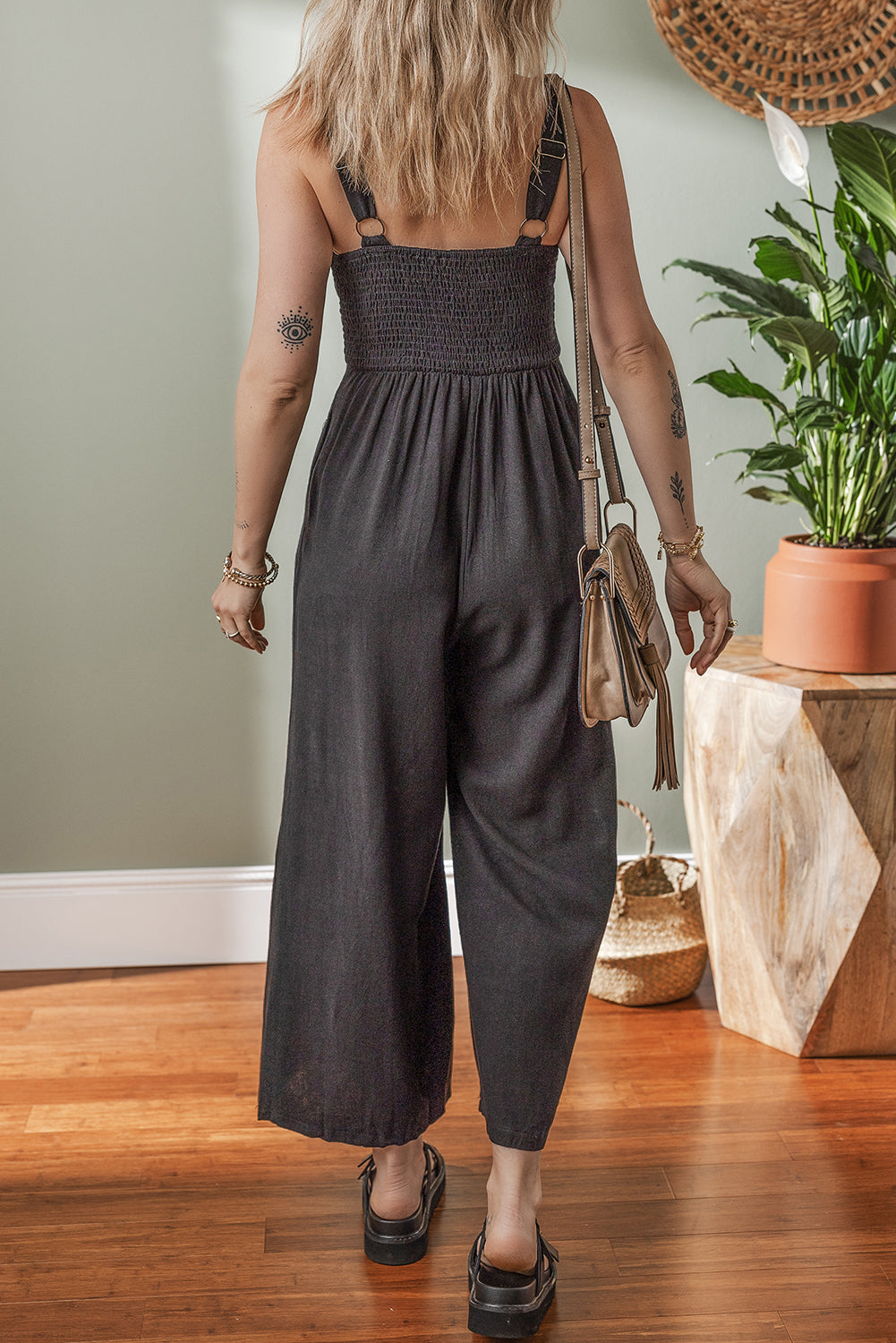 Black Front Cut Out Smocked Back Sleeveless Wide Leg Jumpsuit