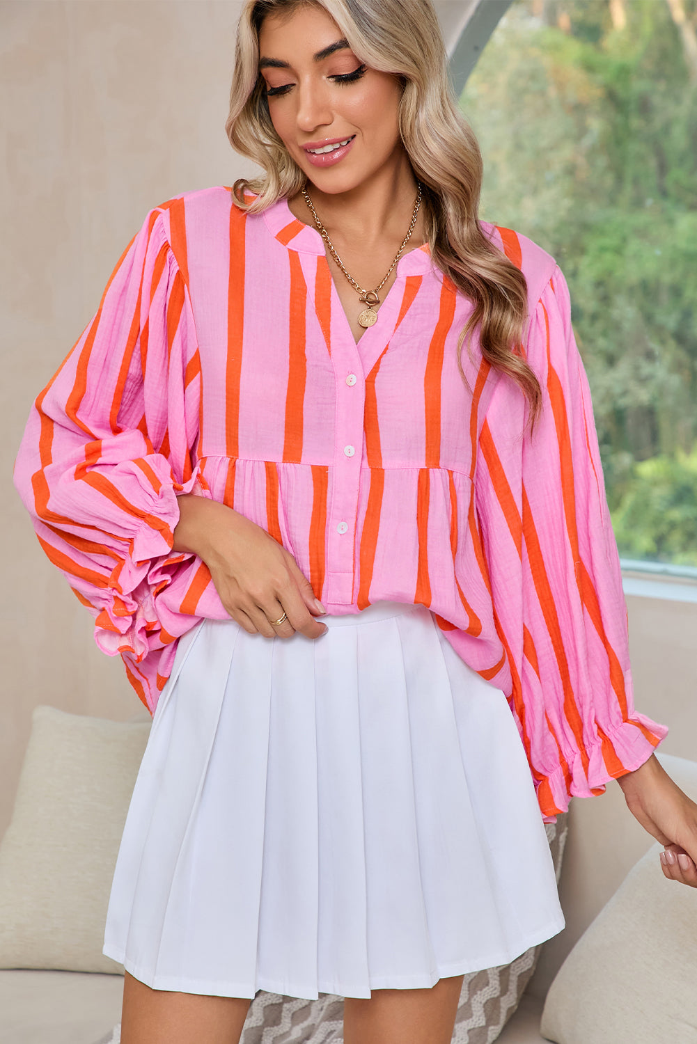 Orange Stripe Crinkle Ruffle Sleeve Loose Top