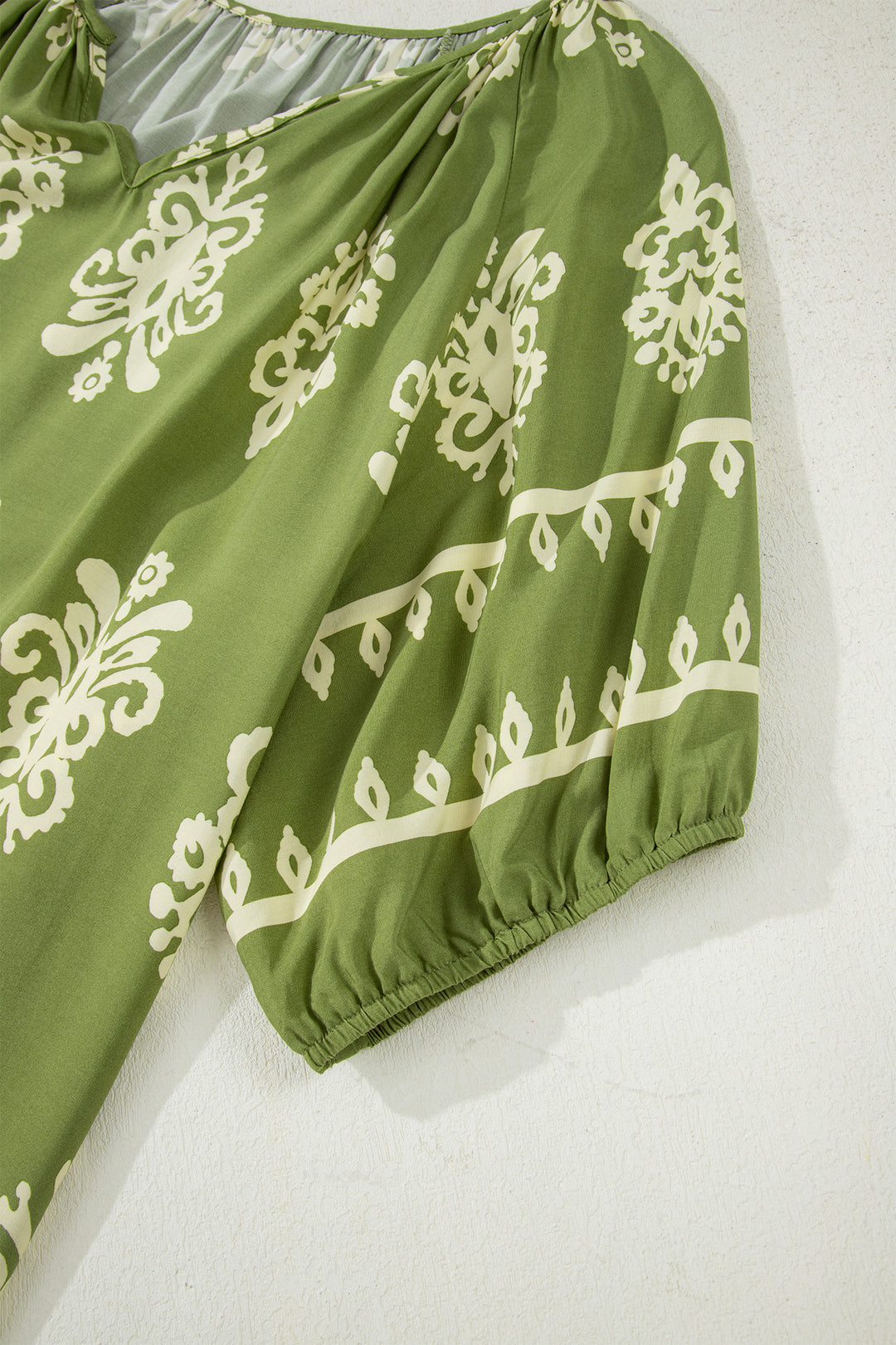 Green Boho Chic Notched V Neck Plus Floral Short Sleeve Top - Lulubelles Clothing and Accessories
