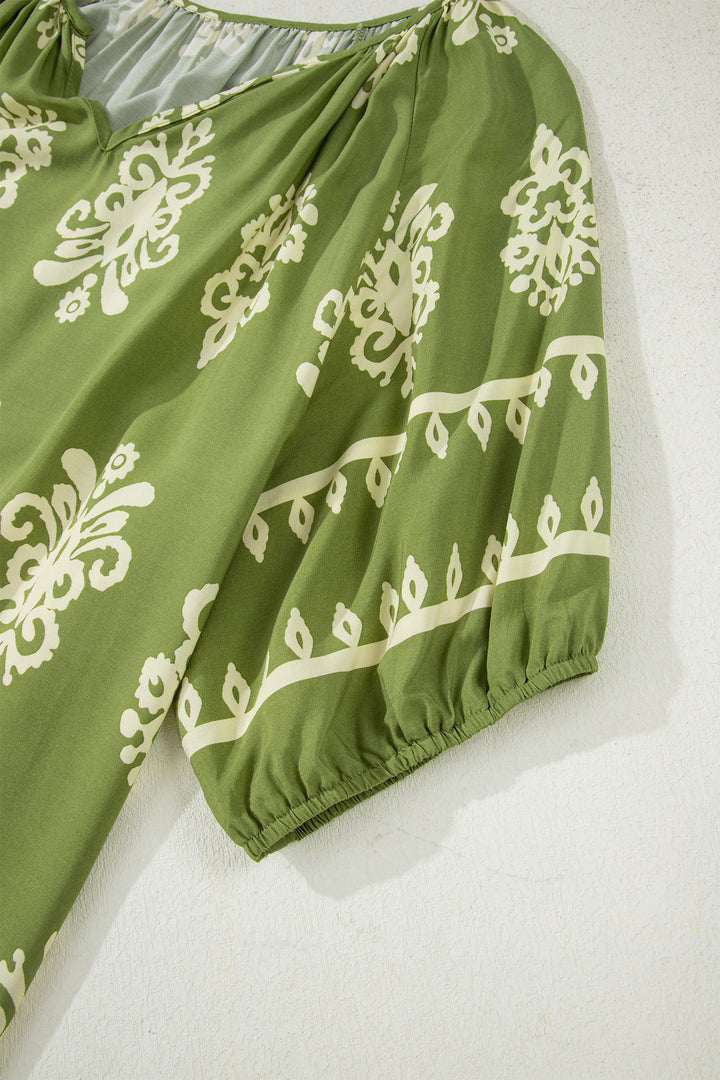 Green Boho Chic Notched V Neck Plus Floral Short Sleeve Top - Lulubelles Clothing and Accessories