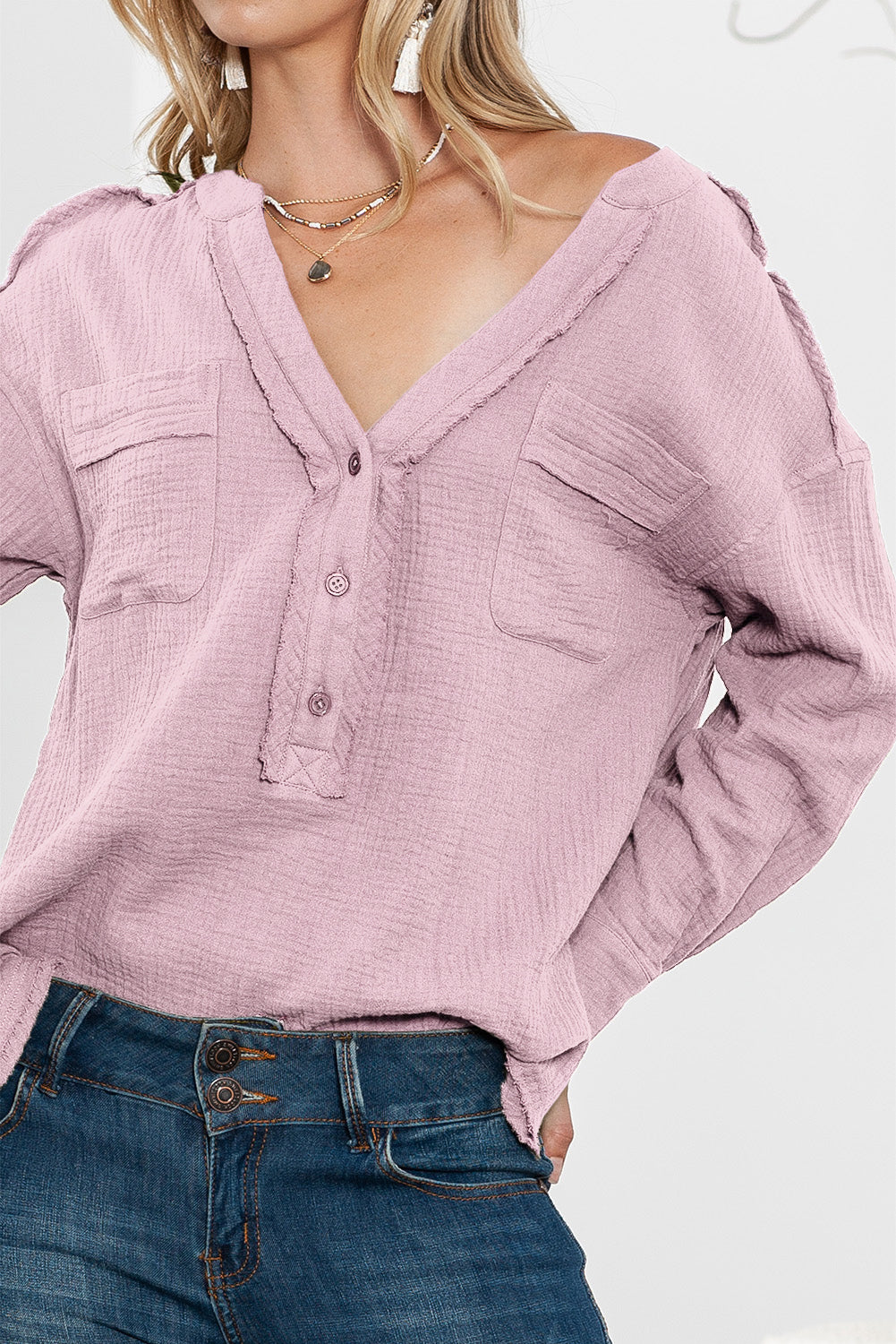 Pink Raw Hem Long Sleeve Henley Top