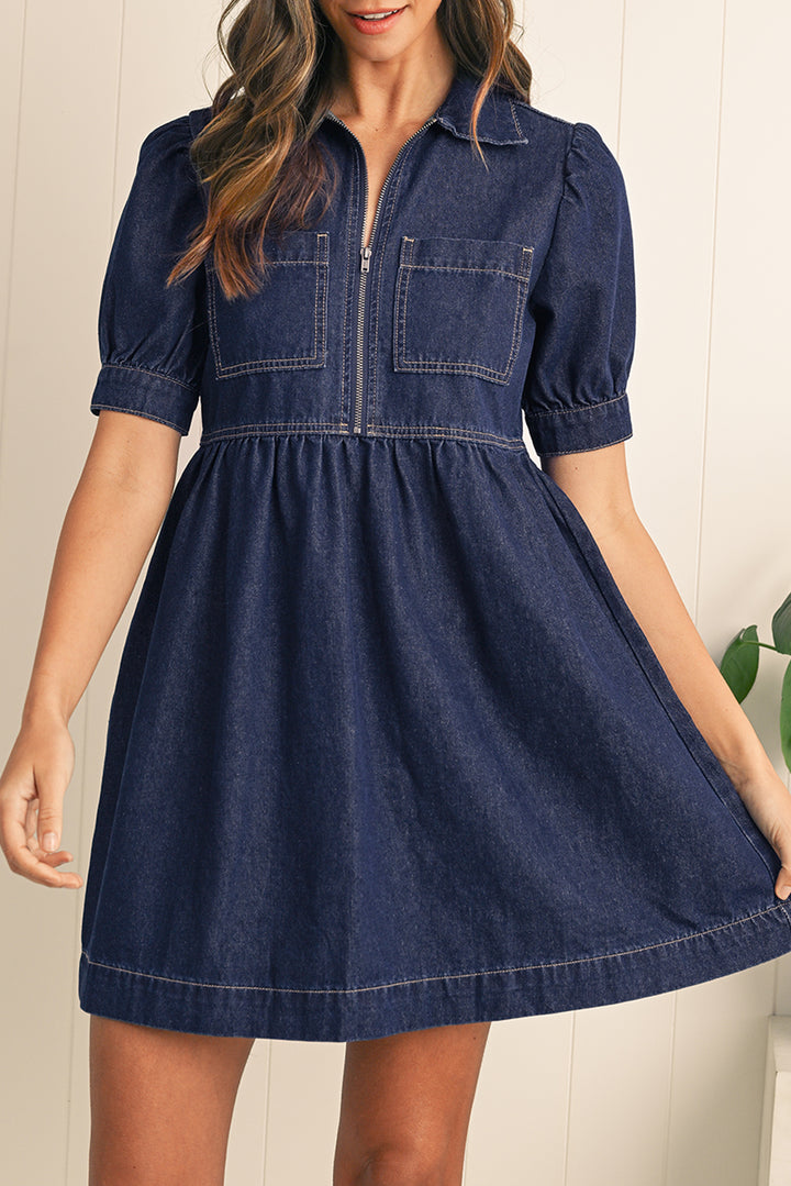 Dirty Blue Puff Sleeve Half Zipper Denim Flowy Dress