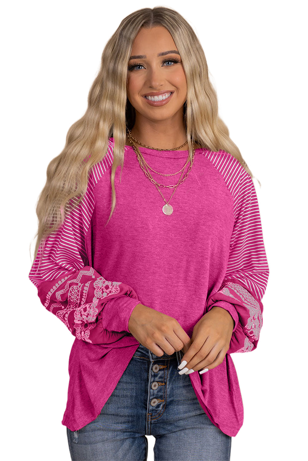 Navy Blue Contrast Print Striped Raglan Long Sleeve Loose Top
