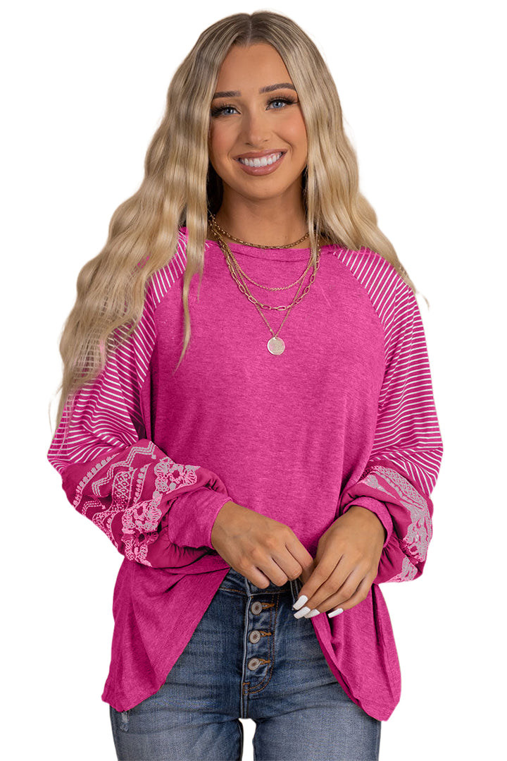 Navy Blue Contrast Print Striped Raglan Long Sleeve Loose Top