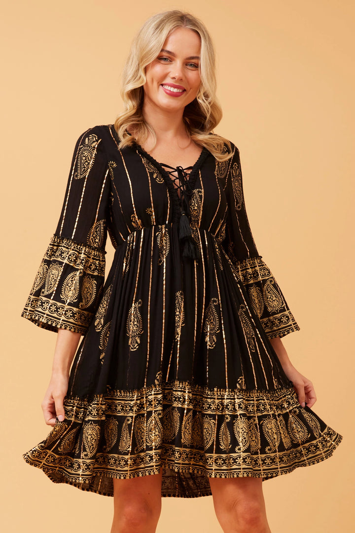 Black Gold Boho Mini Dress