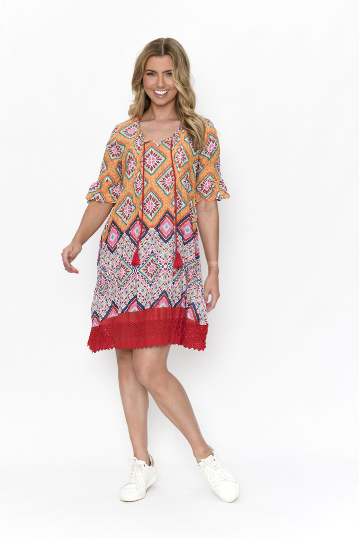 Hannah  Orange Diamond Cotton Shift Tunic Dress