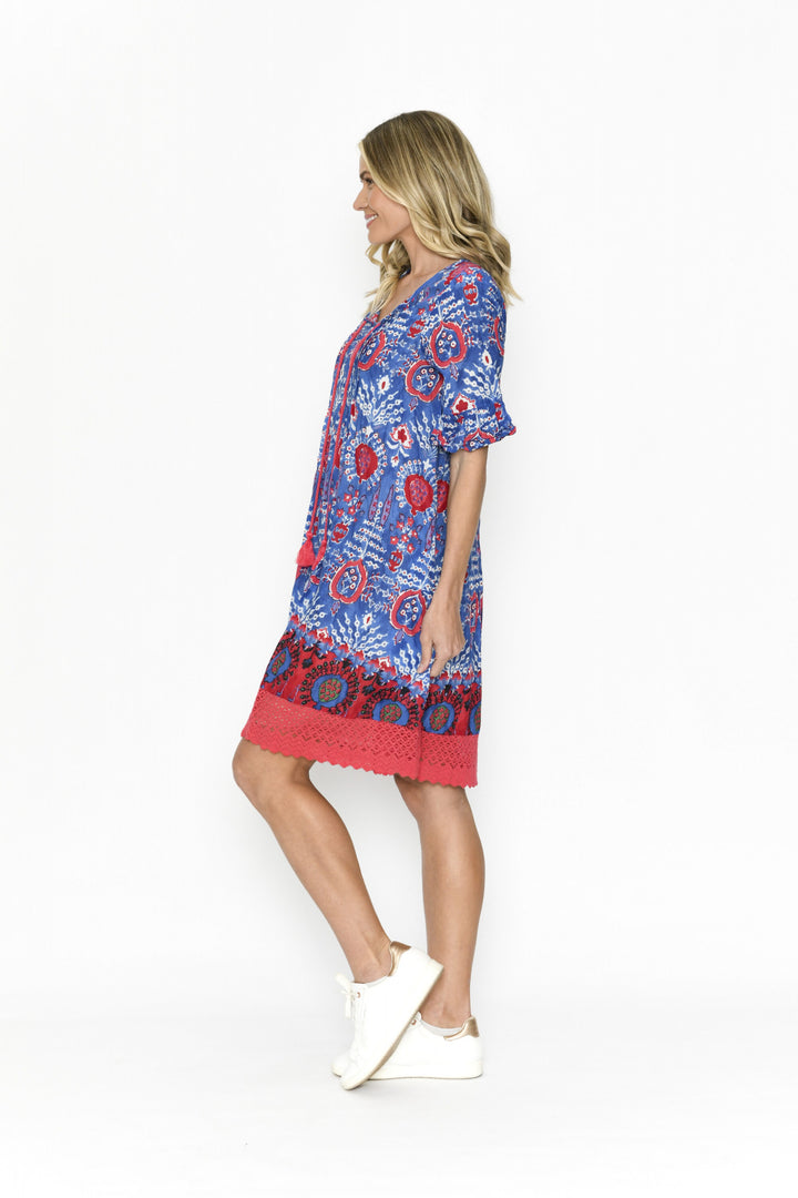 Hannah Cobalt Blue Red Cotton Shift Tunic Dress