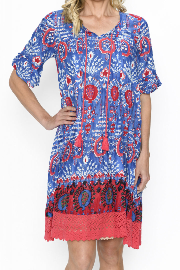 Hannah Cobalt Blue Red Cotton Shift Tunic Dress