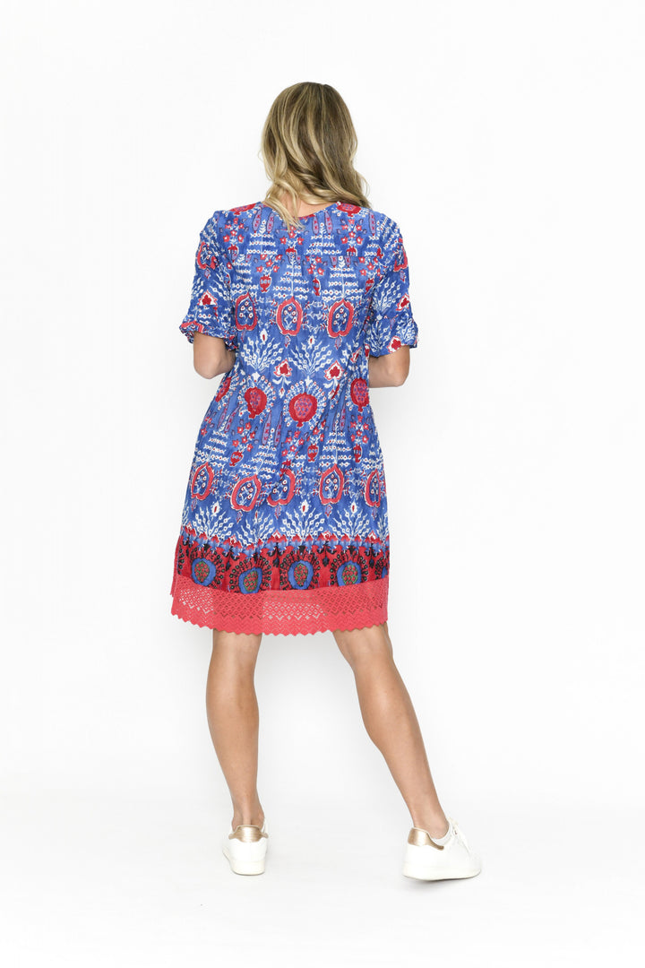 Hannah Cobalt Blue Red Cotton Shift Tunic Dress