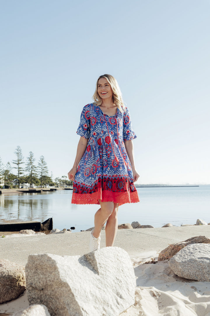 Hannah Cobalt Blue Red Cotton Shift Tunic Dress