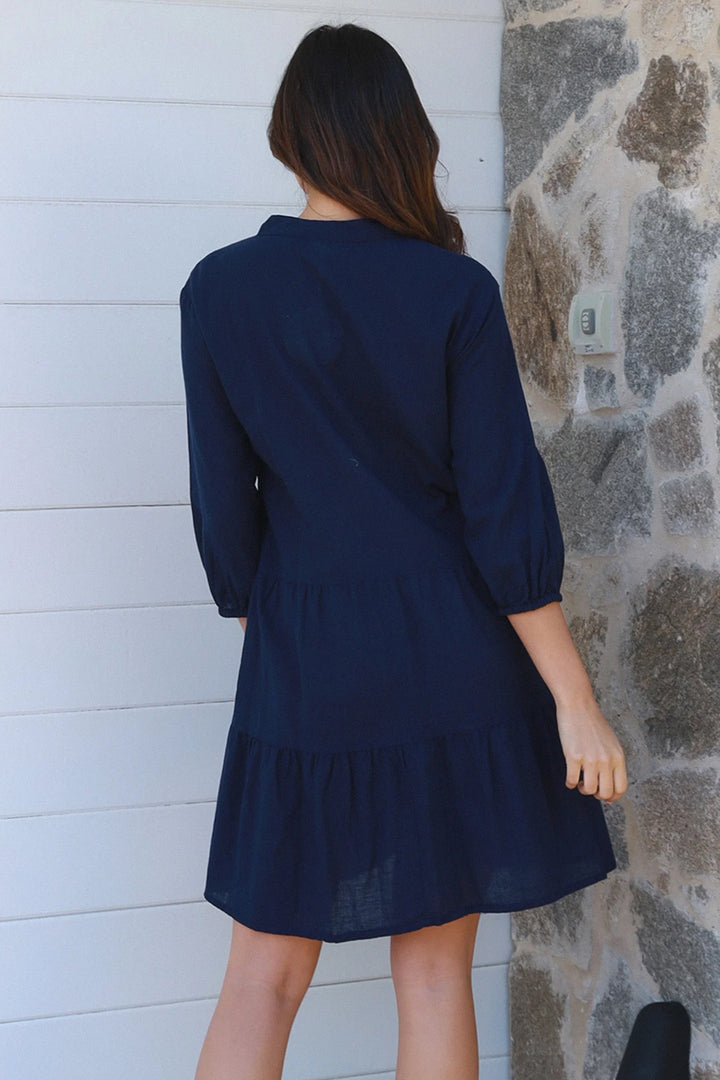 Lisa Navy Cotton Linen Comfort Dress