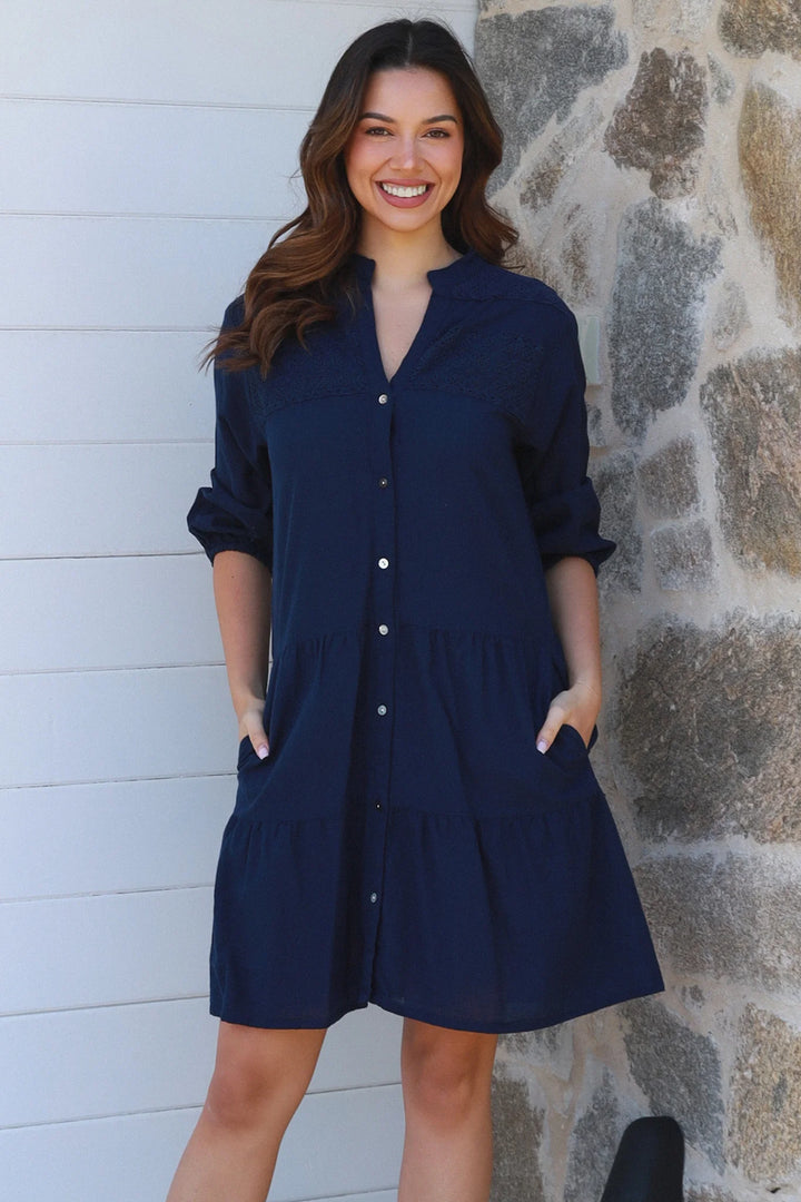 Lisa Navy Cotton Linen Comfort Dress