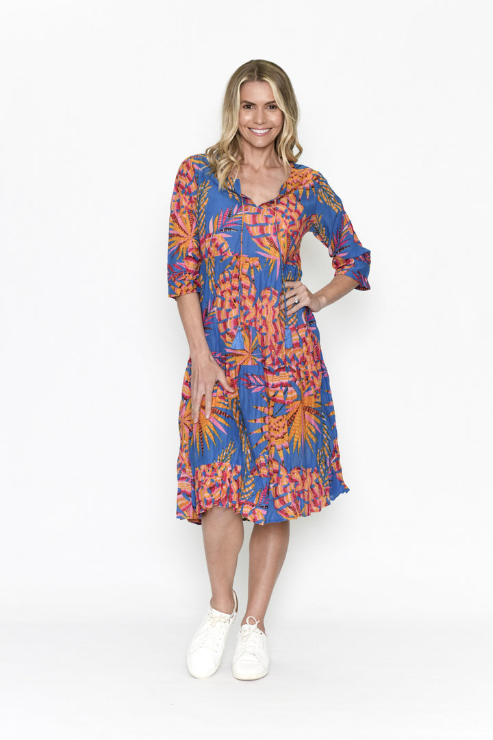 Rebecca Blue Orange Palm Midi Cotton Dress