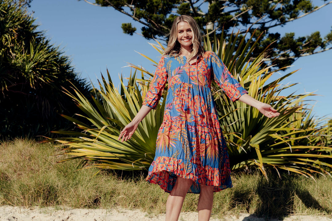 Rebecca Blue Orange Palm Midi Cotton Dress