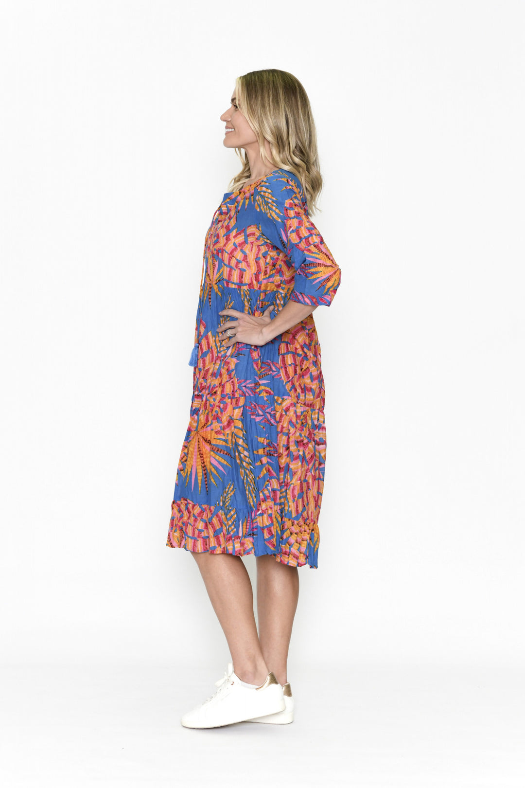 Rebecca Blue Orange Palm Midi Cotton Dress