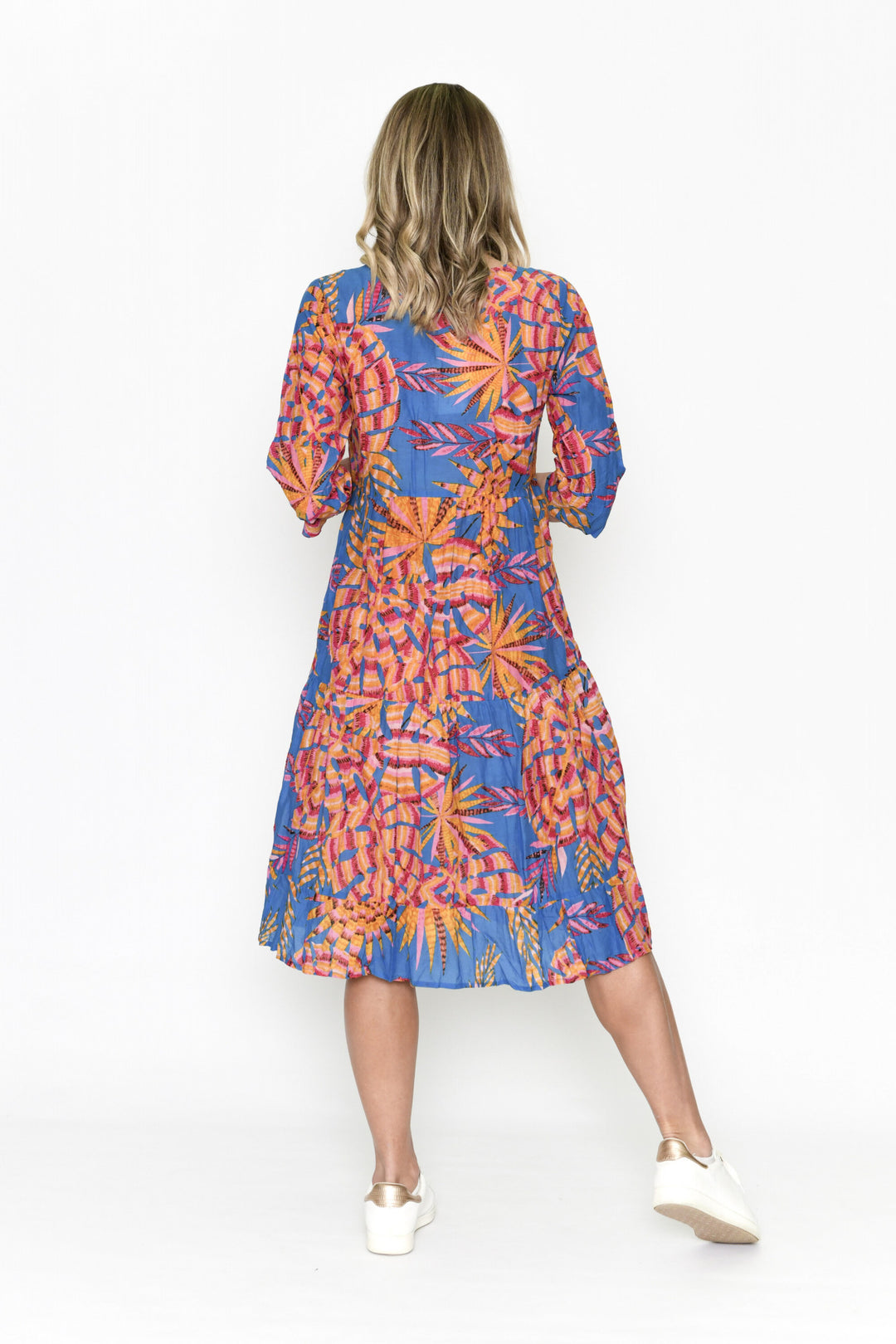 Rebecca Blue Orange Palm Midi Cotton Dress