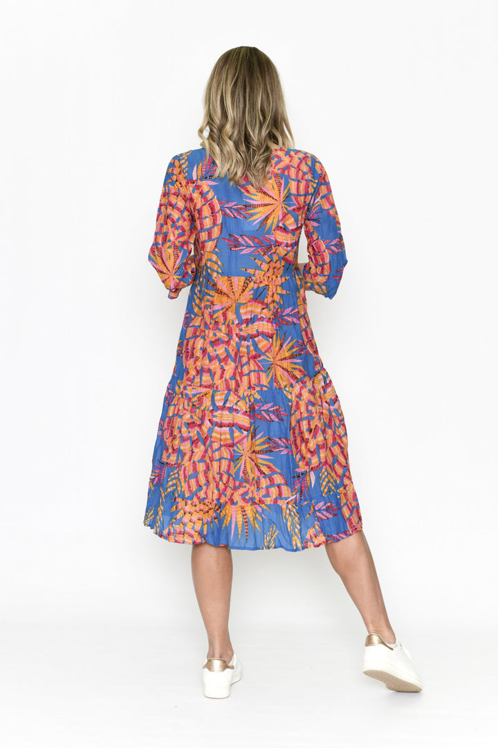 Rebecca Blue Orange Palm Midi Cotton Dress