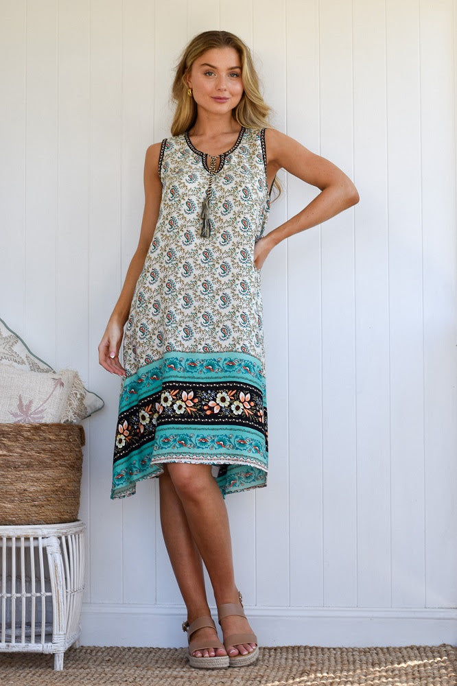 Anissa Turquoise Print Geo  Sleeveless Summer Dress