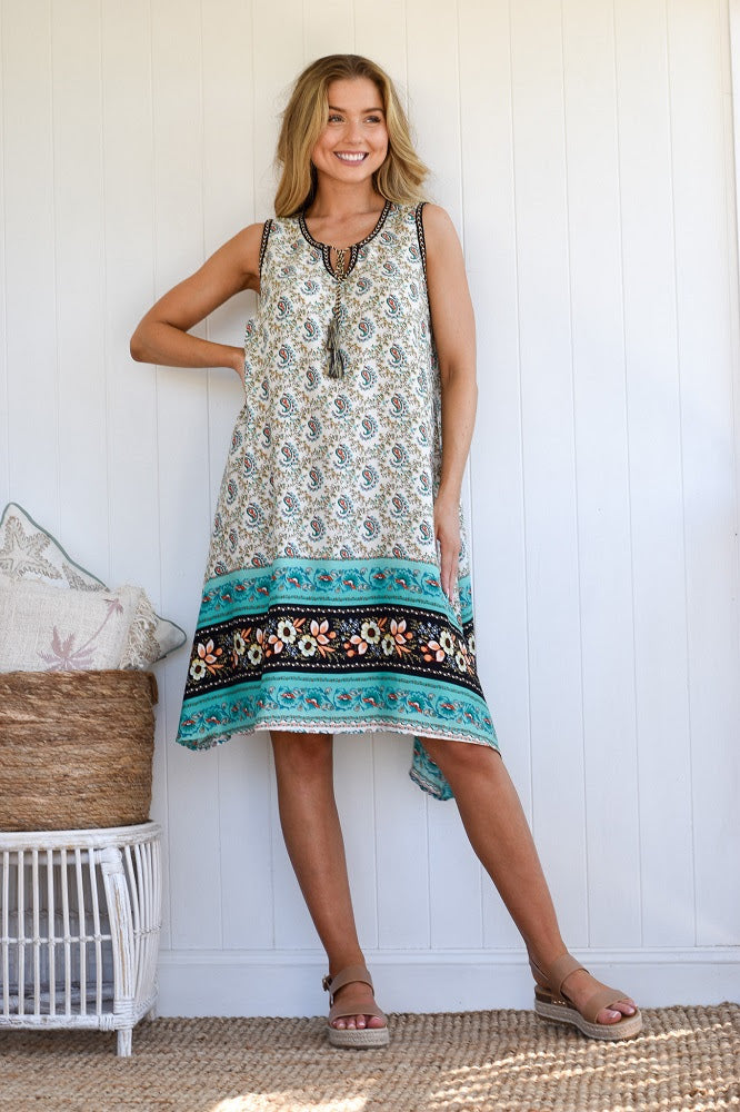 Anissa Turquoise Print Geo  Sleeveless Summer Dress